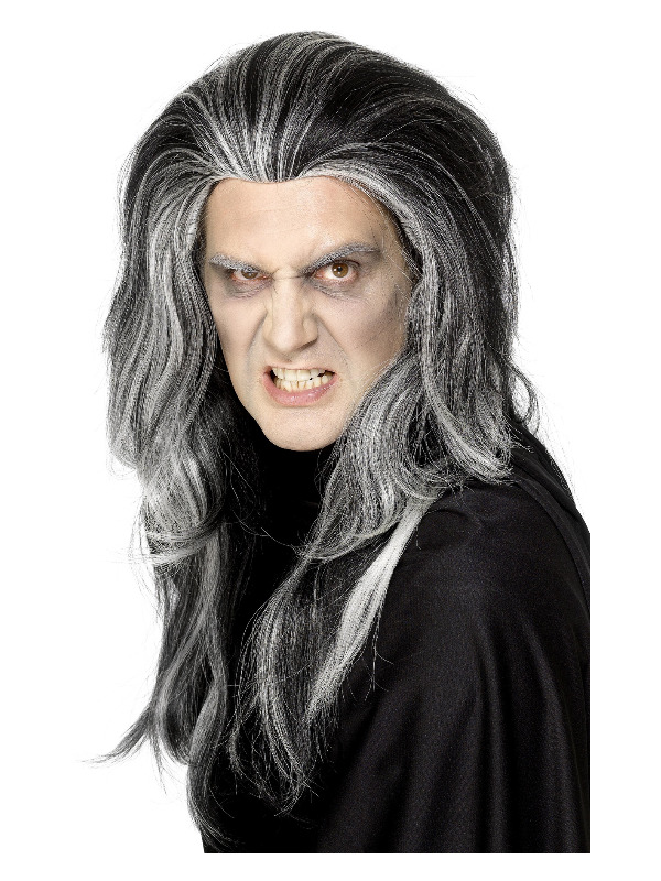 Gothic Vampire Wig, Black, Long with White Highlights