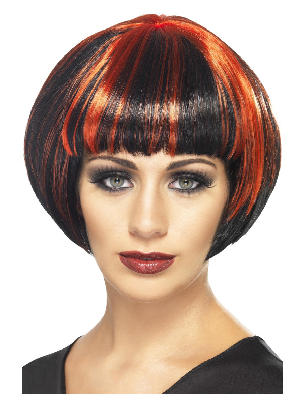 Quirky Bob Wig, Black, with Red Streaks