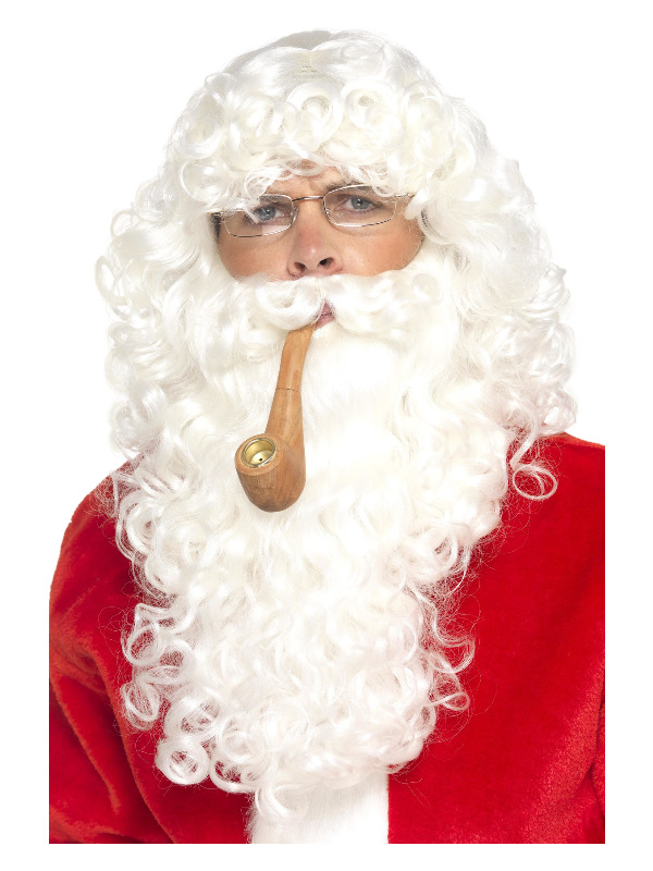 Santa Dress Up Kit, White, with Wig, Beard, Glasses & Pipe, Deluxe