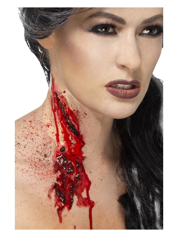 Smiffys Make-Up FX, Slash Throat Latex Scar, Red, with Blood, Self Adhesive