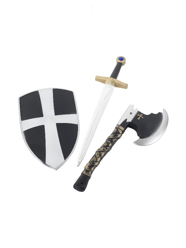 3 Piece Crusader Set, White, with Shield, Sword & Axe, 50cm / 20in