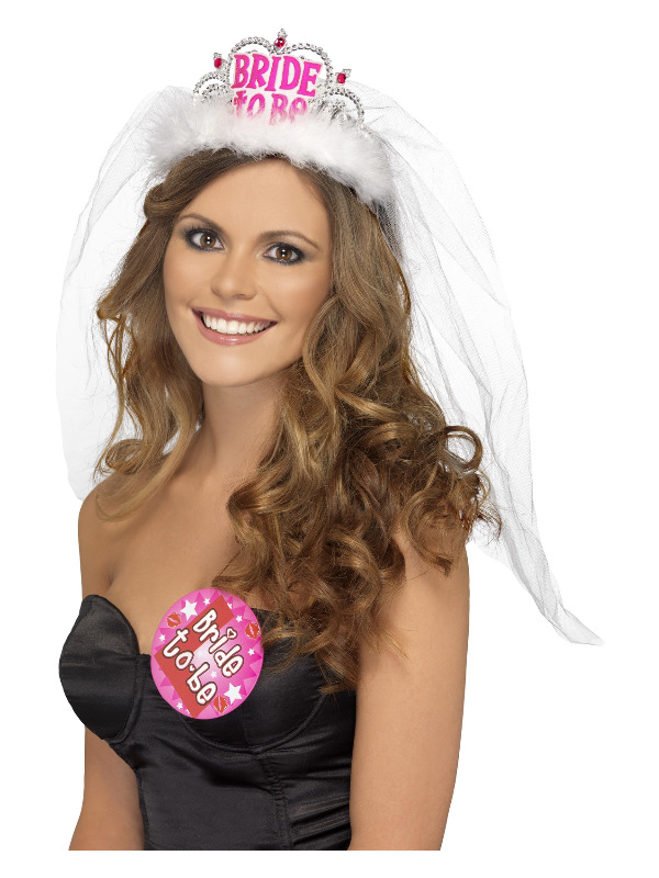 Bride to Be Tiara with Veil, White, with Pink Lettering