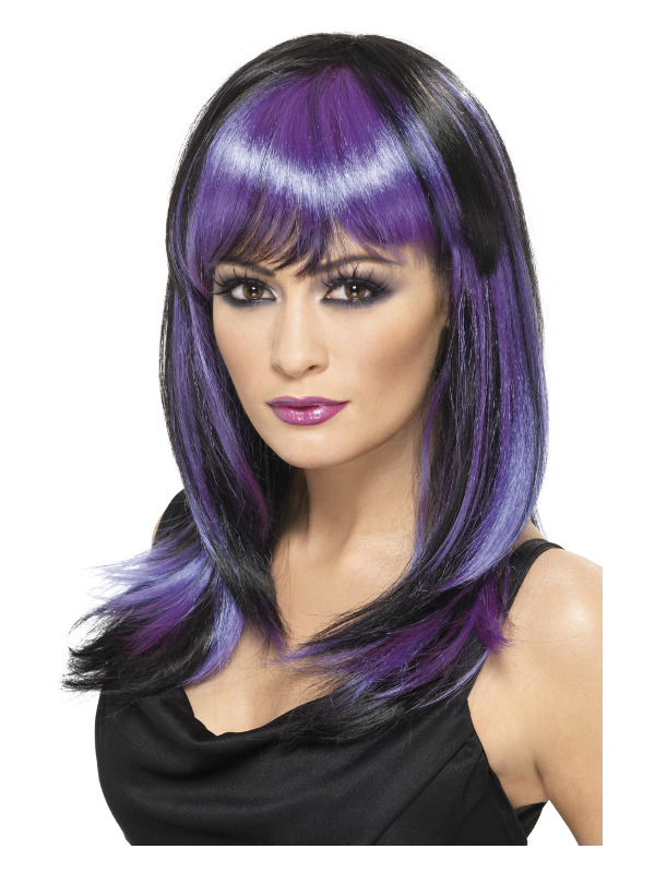 Glamour Witch Wig, Black & Purple, Long with Fringe