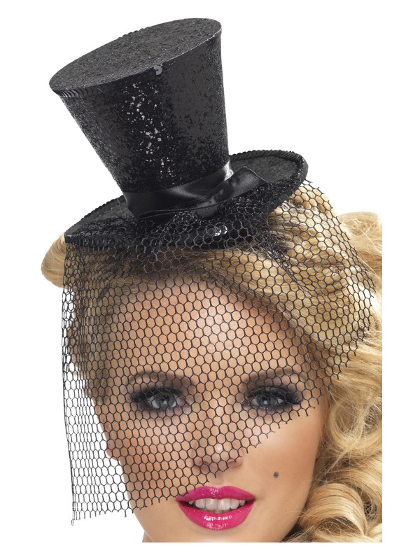 Fever Mini Top Hat on Headband, Black, with Detachable Netting