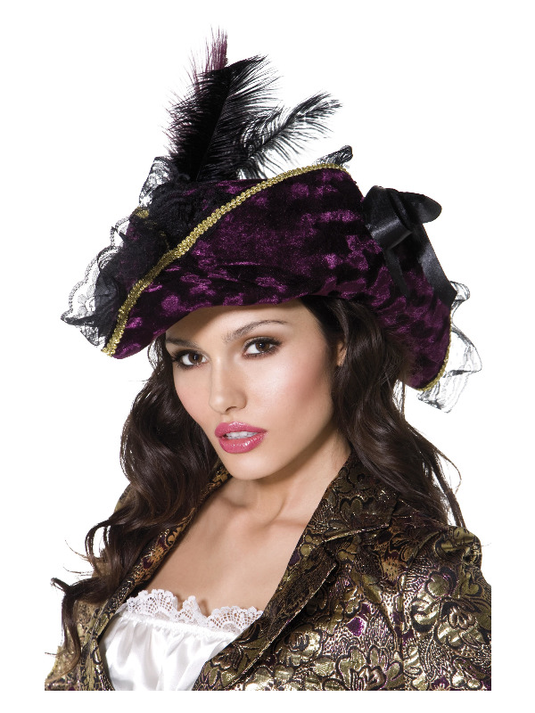 Fever Marauding Pirate Hat, Purple, with Feathers and Ribbon