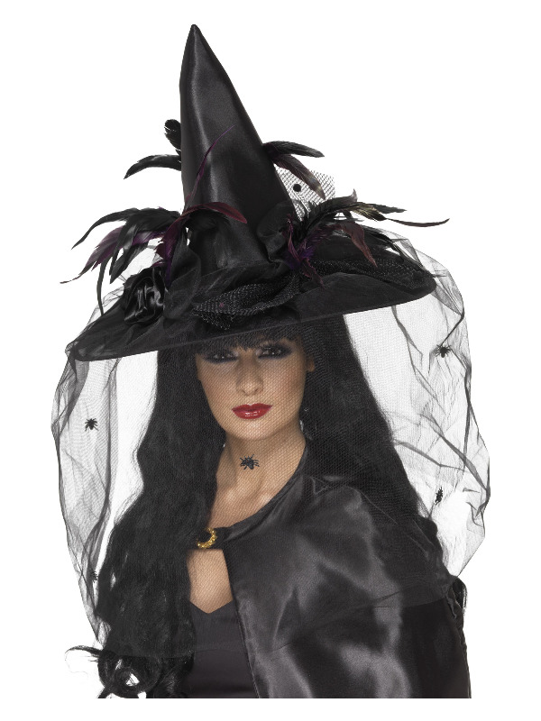 Witch Hat, Feathers & Netting, Black, Deluxe