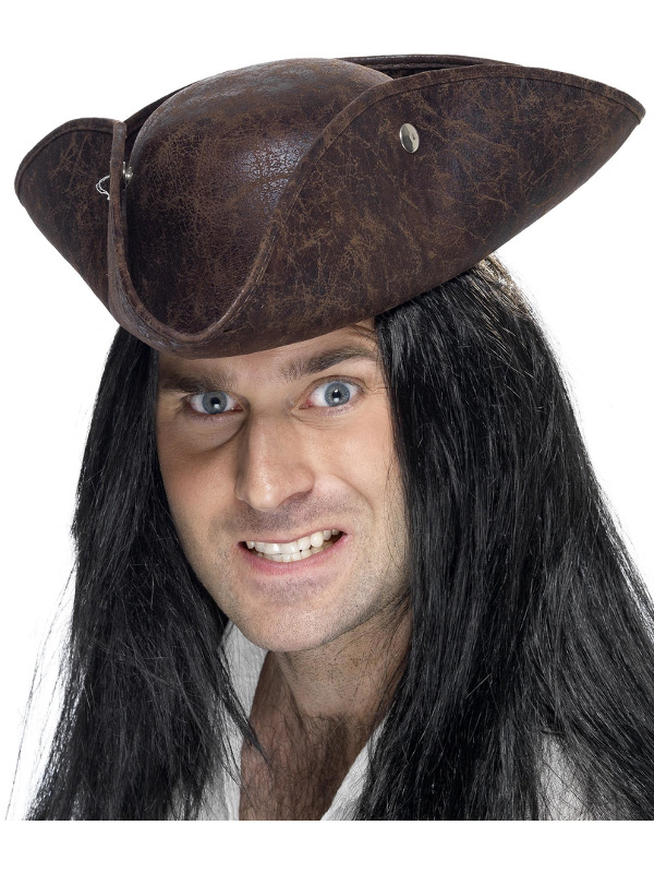 Pirate Tricorn Hat, Brown, Broken Leather Look