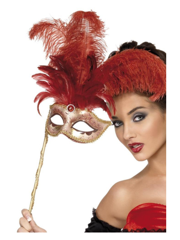 Baroque Fantasy Eyemask, Red, with Feathers and Handle