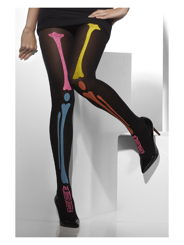 Opaque Tights, Black, Neon Skeleton Print