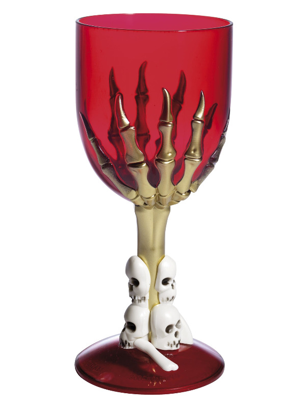 Gothic Wine Glass, Red, with Skeleton Hand & Skull Stem