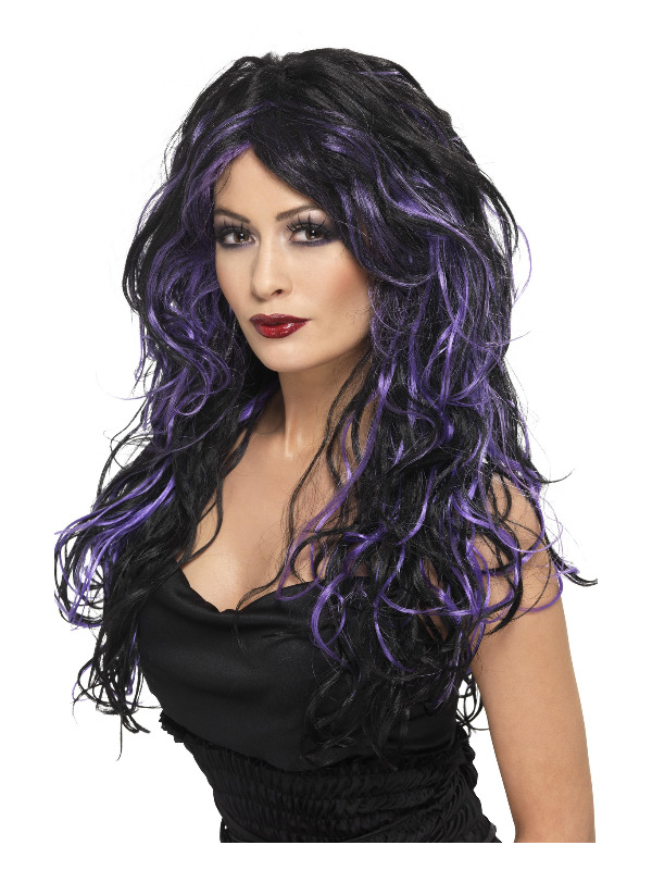 Gothic Bride Wig, Purple, Long, Streaked