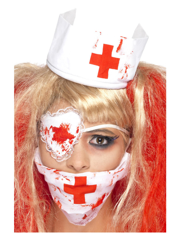 Bloody Nurse Kit, White, with Mask, Headpiece & Eyepatch, Blood Effect