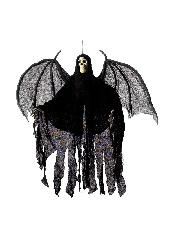 Hanging Skeleton Angel Decoration, Black, with Hooded Robe & Wings, Height 105cm