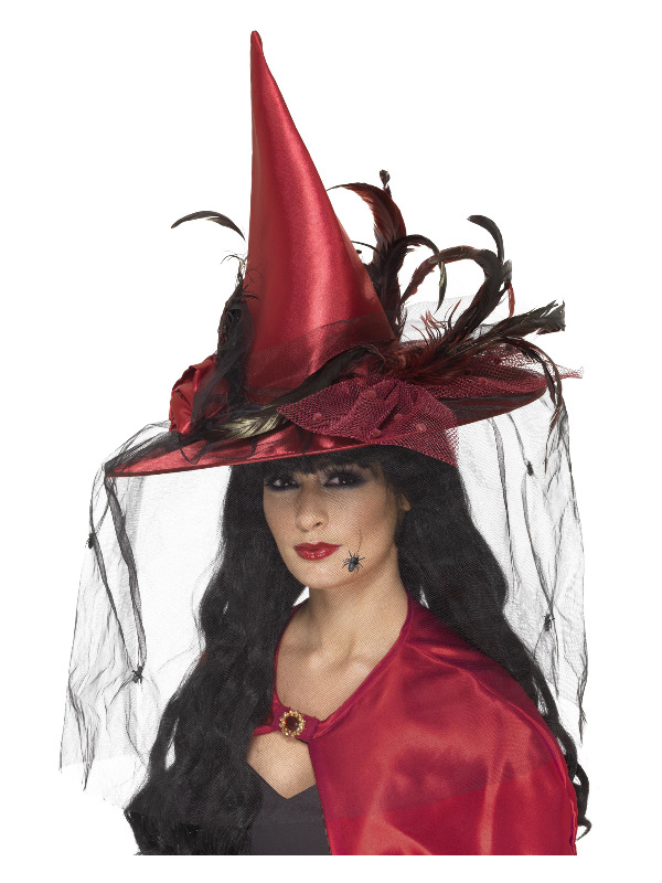 Witch Hat, Deep Red, with Net & Feathers, Deluxe