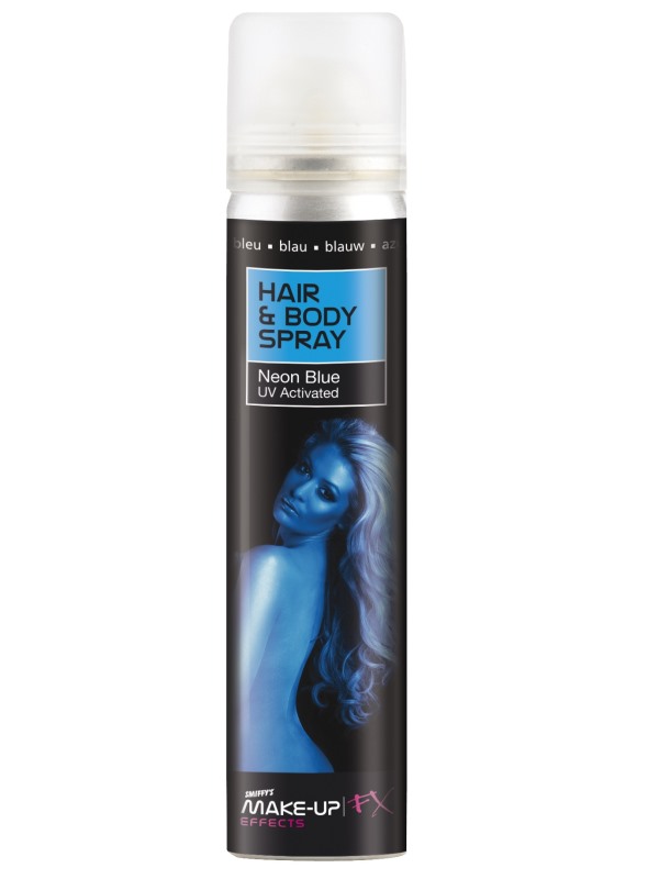 Smiffys Make-Up FX, Hair & Body Spray, Blue, UV, 75ml Can