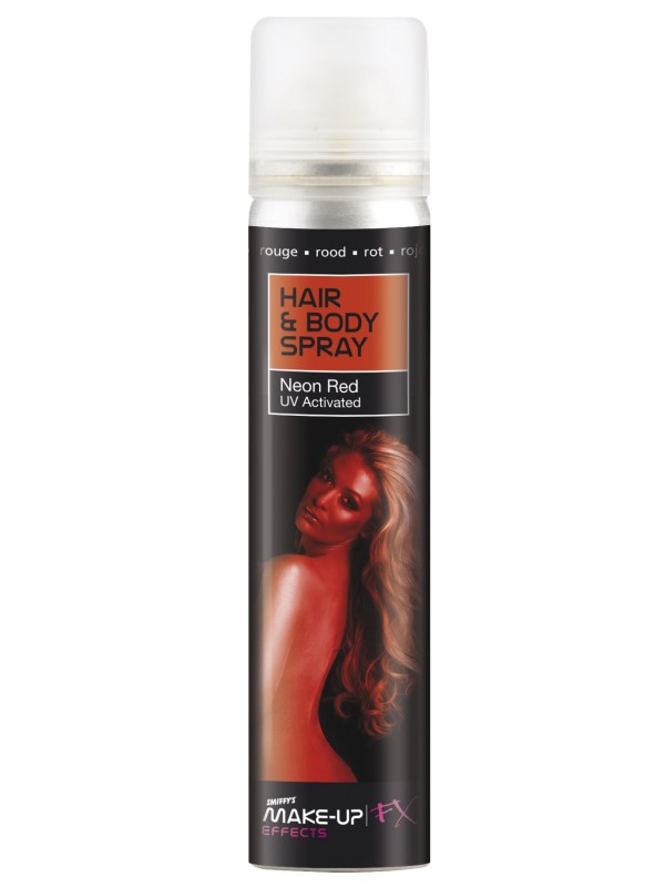 Smiffys Make-Up FX, Hair & Body Spray, Red, UV, 75ml Can