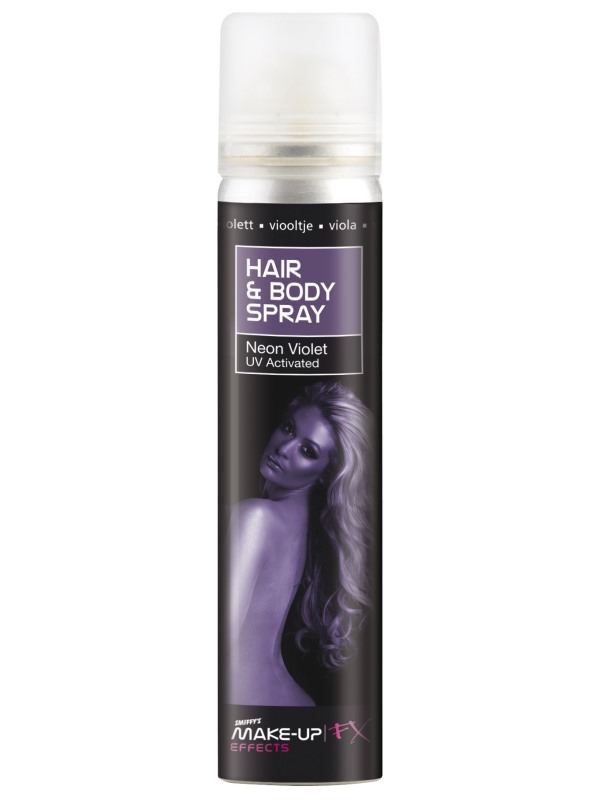 Smiffys Make-Up FX, Hair & Body Spray, Violet, UV, 75ml Can