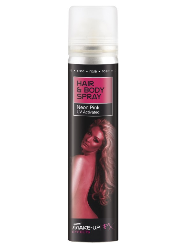 Smiffys Make-Up FX, Hair & Body Spray, Pink, UV, 75ml Can
