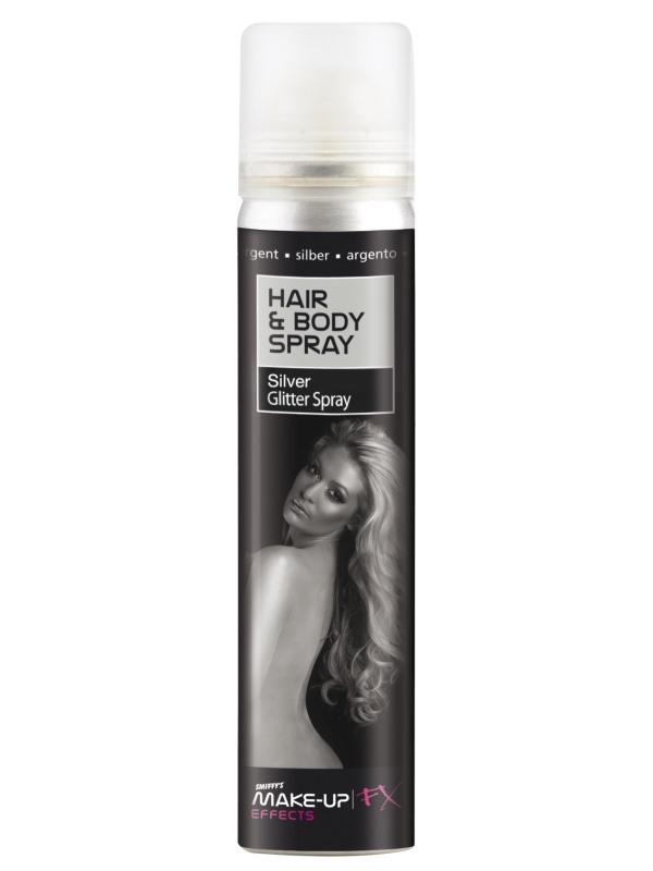 Smiffys Make-Up FX, Hair & Body Spray, Silver, Glitter, 75ml Can