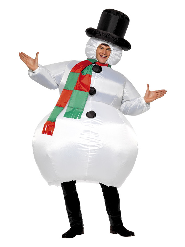 Inflatable Snowman Costume, White, with Bodysuit, Hat, Scarf & Self Inflating Fan