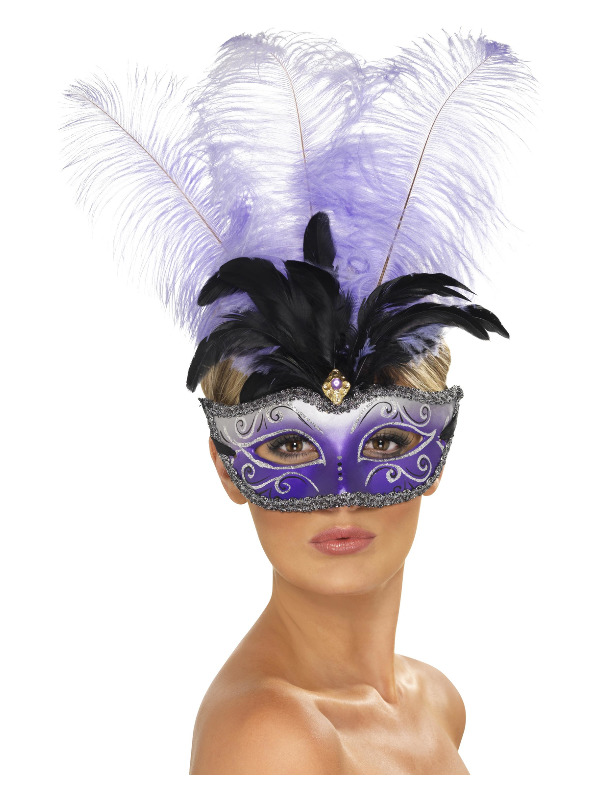 Venetian Colombina Eyemask with Multicolour Plume, Purple