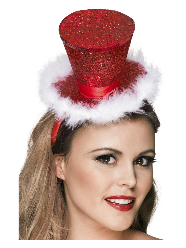 Fever Mini Top Hat on Headband, Red, with Marabou