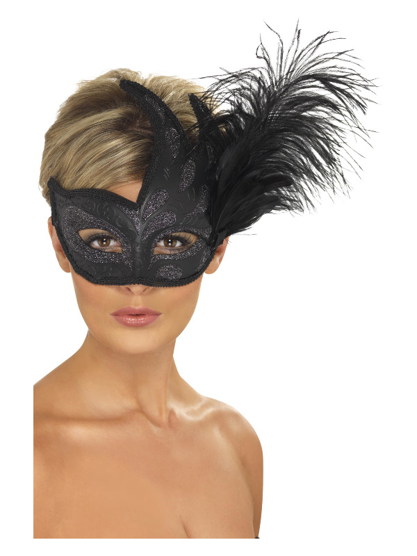 Ornate Colombina Feather Mask, Black