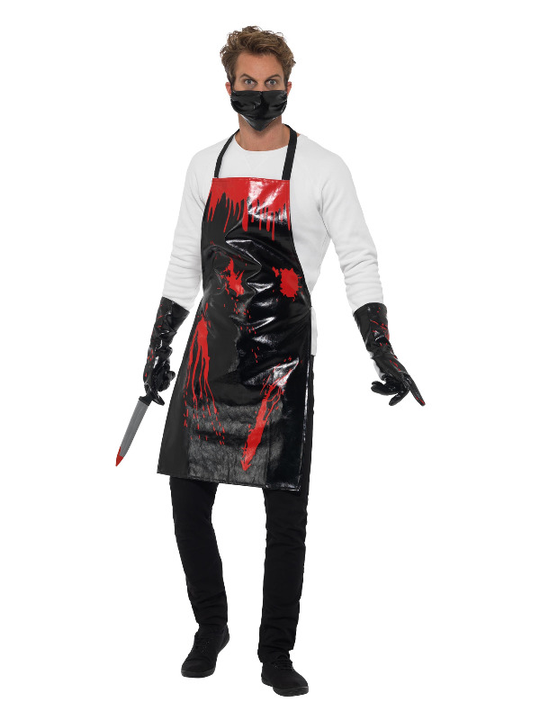 Bloody Surgeon/ Butcher Kit, Black & Red, with Apron, Gloves & Mask