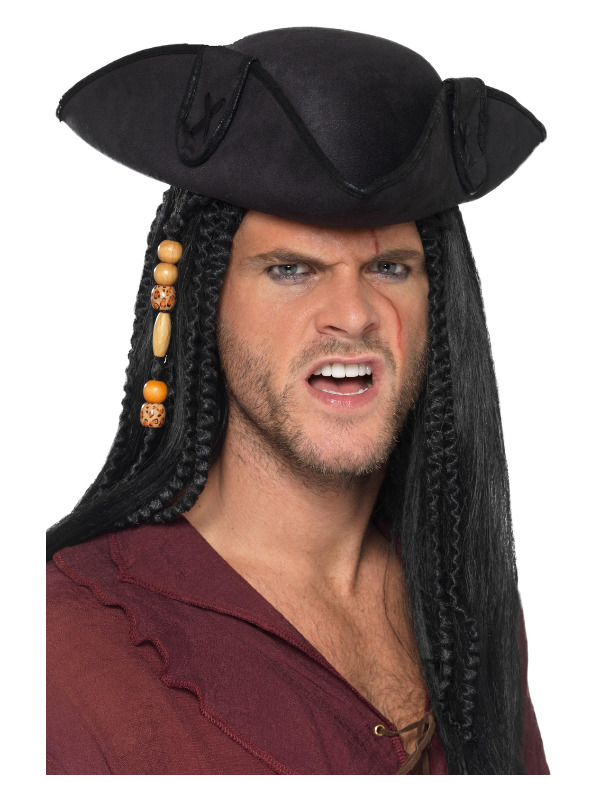 Tricorn Pirate Captain Hat, Black, with PU Trim