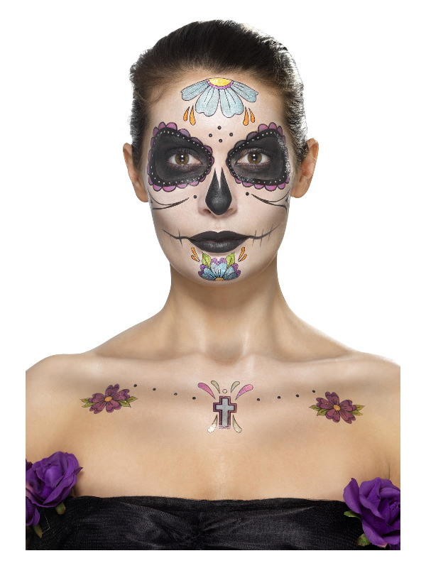 Smiffys Make-Up FX, Day of the Dead Kit, Aqua, Multi-Coloured, Transfer, Face Paints, Gems, Crayon & Applicators