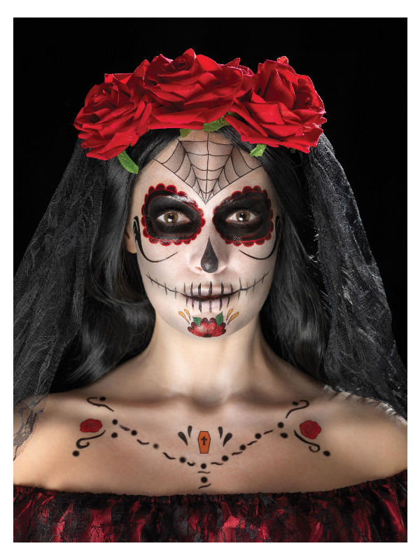 Smiffys Make-Up FX, Day of the Dead Kit, Aqua, Red & Black, Transfers, Face Paints, Crayon & Applicators