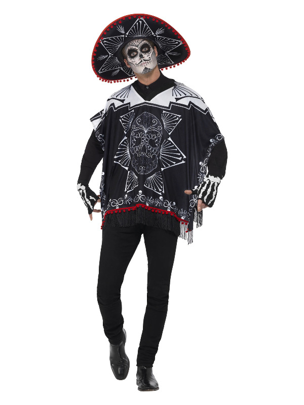 Day of the Dead Bandit Costume, Black & White, with Poncho, Sombrero & Gloves
