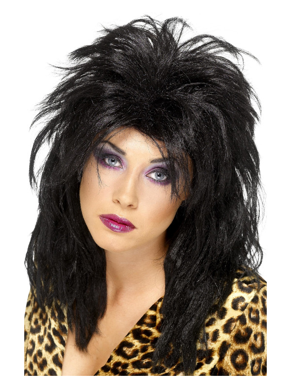 80s Popstar Wig, Black, Long Tousled Mullet