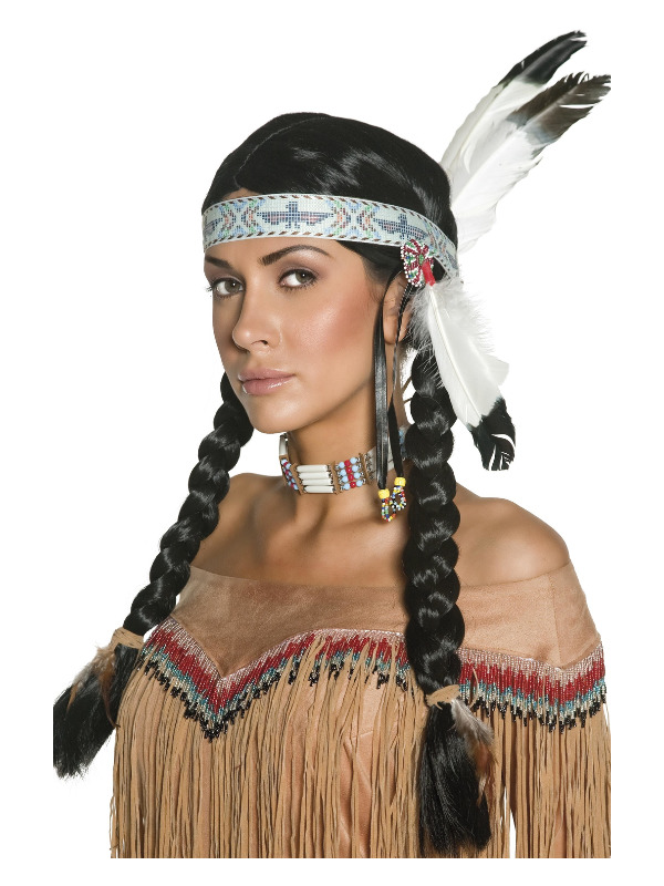 Native American Inspired Wig, Black, Plaits, with Feather Headband