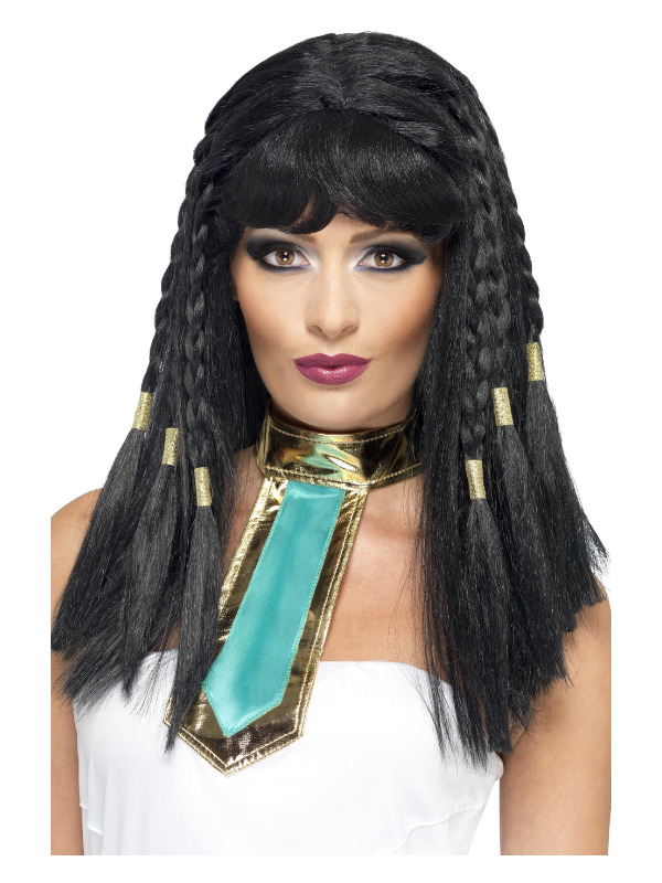 Cleopatra Wig, Black, Braided with Gold Trim