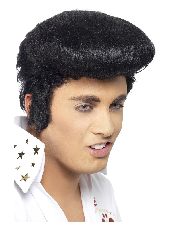 Elvis Deluxe Wig, Black, with High Quiff & Sideburns