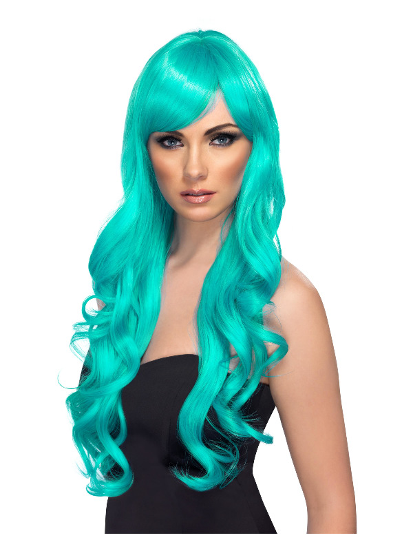 Desire Wig, Aqua, Long, Curly with Fringe