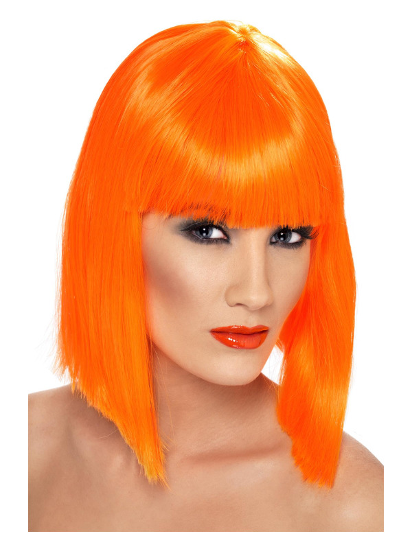 Glam Wig, Neon Orange, Short, Blunt with Fringe