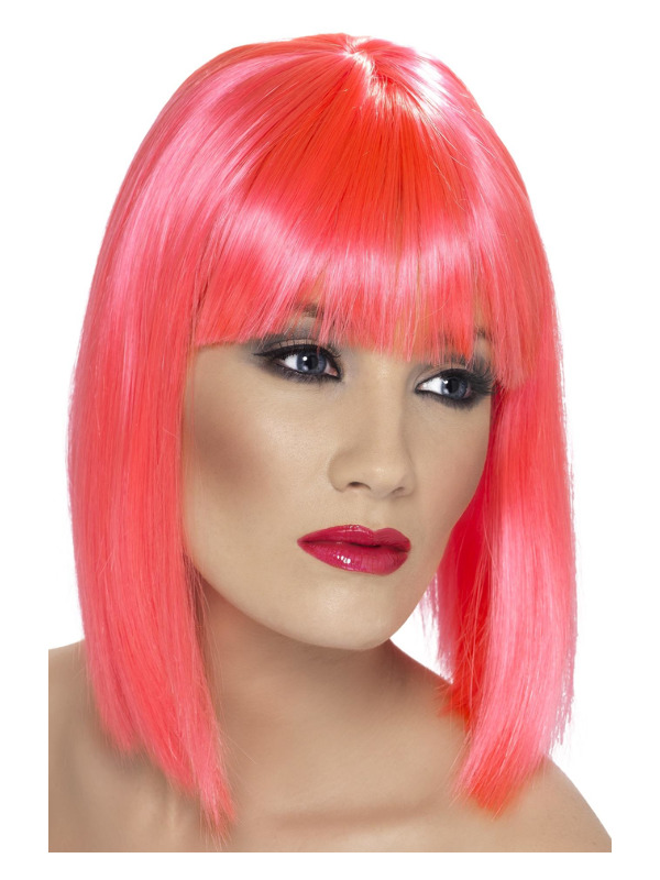 Glam Wig, Neon Pink, Short, Blunt with Fringe