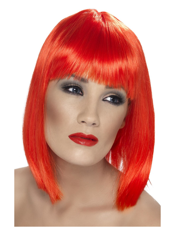 Glam Wig, Neon Red, Short, Blunt with Fringe