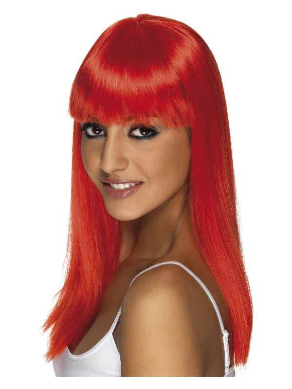 Glamourama Wig, Neon Red, Long, Straight with Fringe