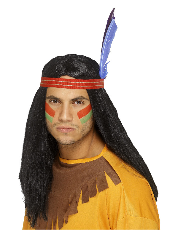 Native American Inspired Brave Wig, Black, Long, Straight, with Headband and Feather