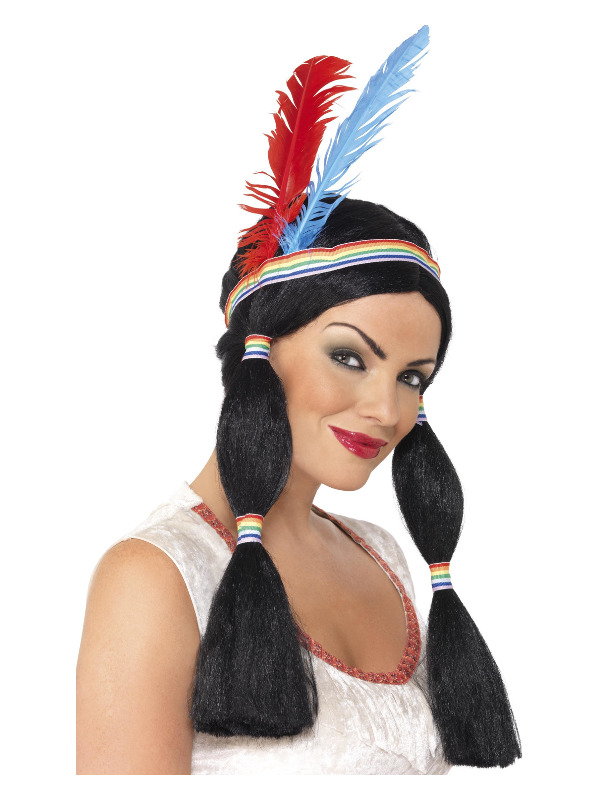 Native American Inspired Princess Wig, Black, Long with Bunches, with Headband and Feathers