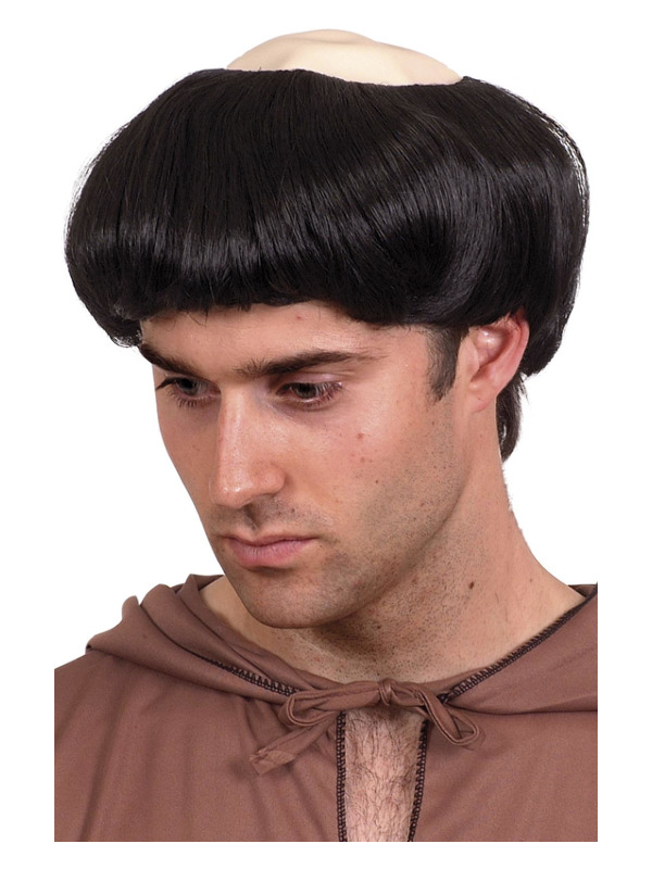 Monk's Wig, Black, Short, with Plastic Top