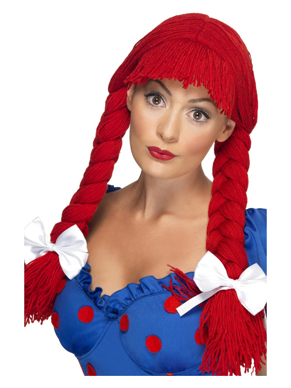 Rag Doll Wig, Red, Pigtails with a Fringe and Bows