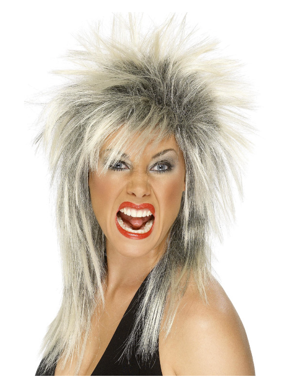 Rock Diva Wig, Two Tone, Blonde & Black, Long Mullet