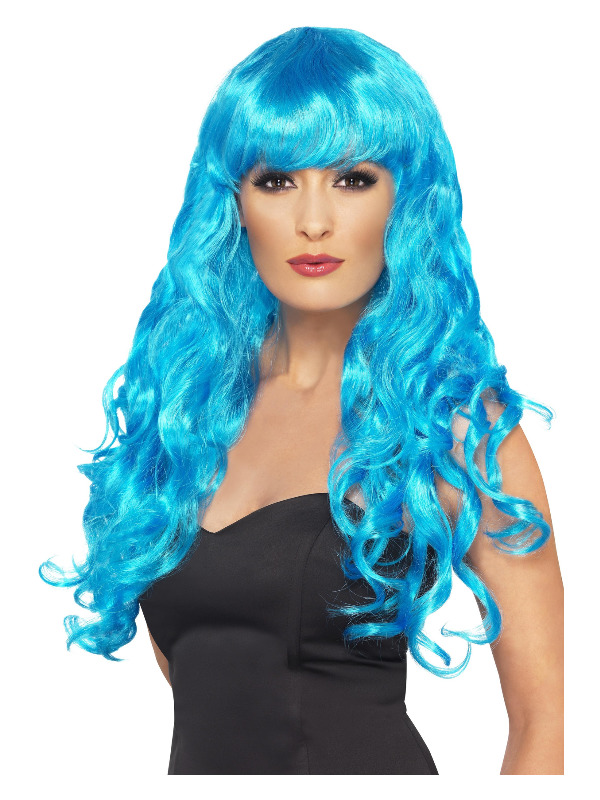 Siren Wig, Blue, Long, Curly with Fringe