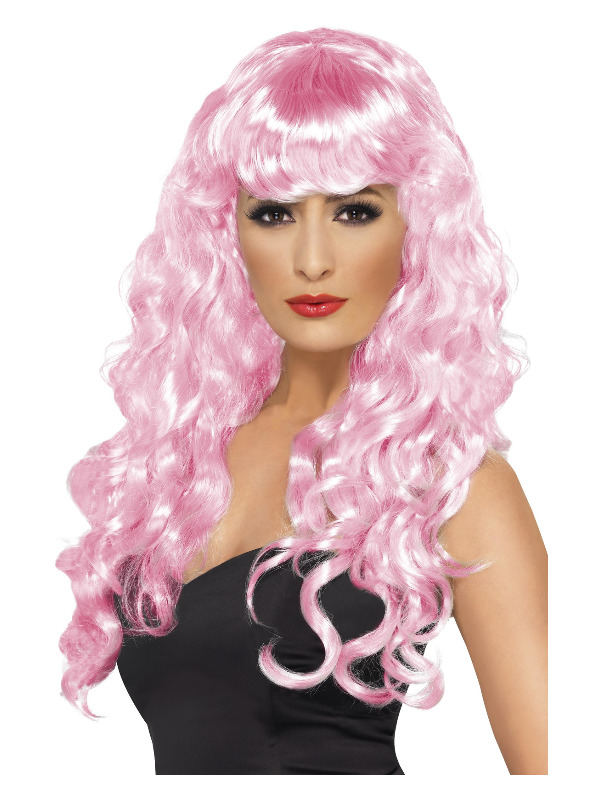 Siren Wig, Pink, Long, Curly with Fringe