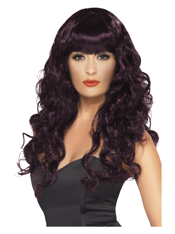 Siren Wig, Plum, Long, Curly with Fringe