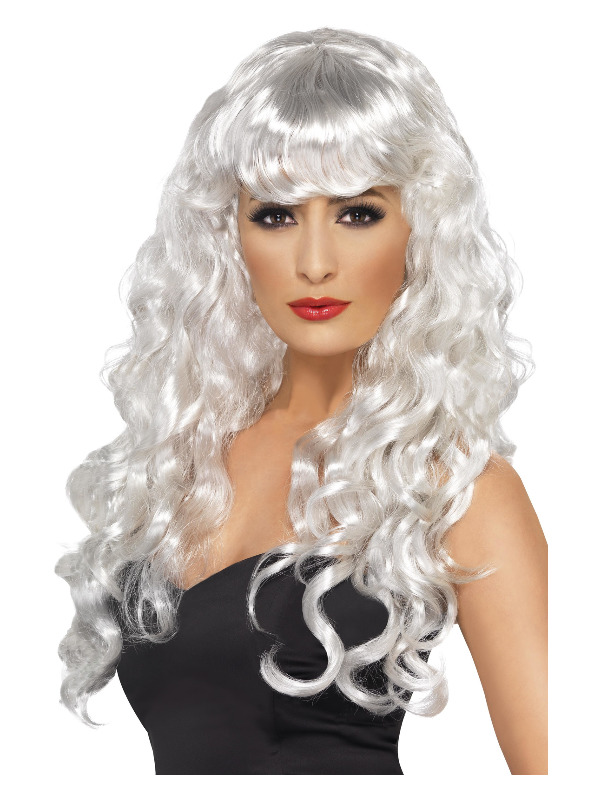Siren Wig, White, Long, Curly with Fringe